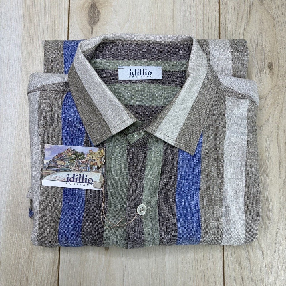 NEW IDILLIO POSITANO 100% LINEN SHIRT MENS XS-S STRIPED LONG SLEEVE BUTTON UP